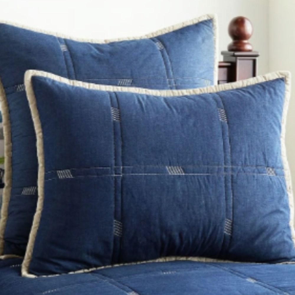 New Set Of 2 S/2 Pottery Barn Kids Easton Quilted Pillow Shams Blue Tan